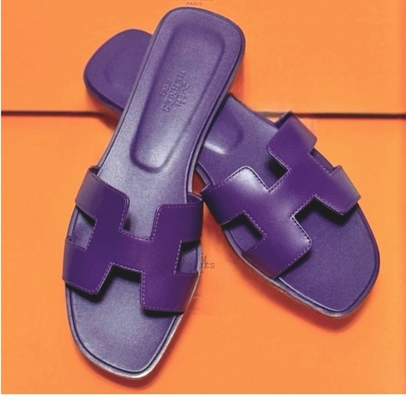 Hermès Oran H Sandal Violet Marjorette Epsom Leather Slip on Sandal Size 8 NEW - Picture 14 of 16